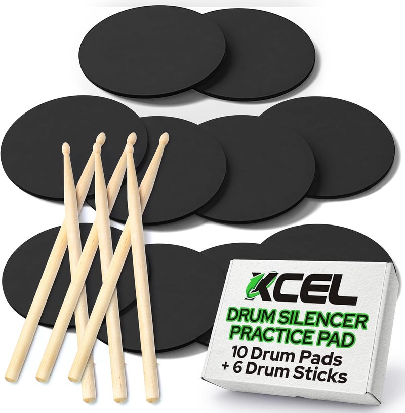 Xcel 10 Drum Practice Pads + 6 Drum Sticks - Portable for Snare, Drum Kits - Non Slip for Stability - 11 Inch Round x 3/8 Inch Thick (10 Drum Pads + 6 Drum Sticks) - Image 2